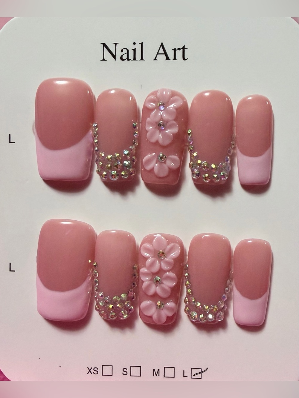 Pink 3D Floral Rhinestone Press-On Nails - Women Makeup